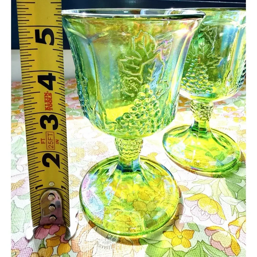 Vintage Indiana Glass Harvest Grape Lime Green Carnival Goblets 1970s Set of 2